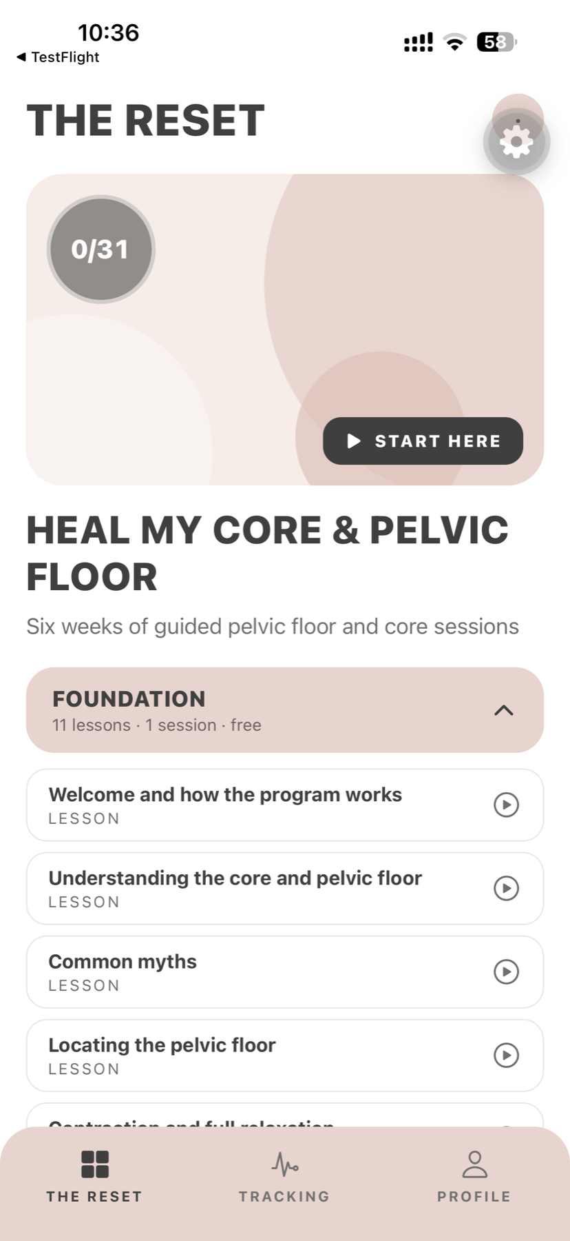 The Reset app showing the Heal My Core and Pelvic Floor program and its guided lessons